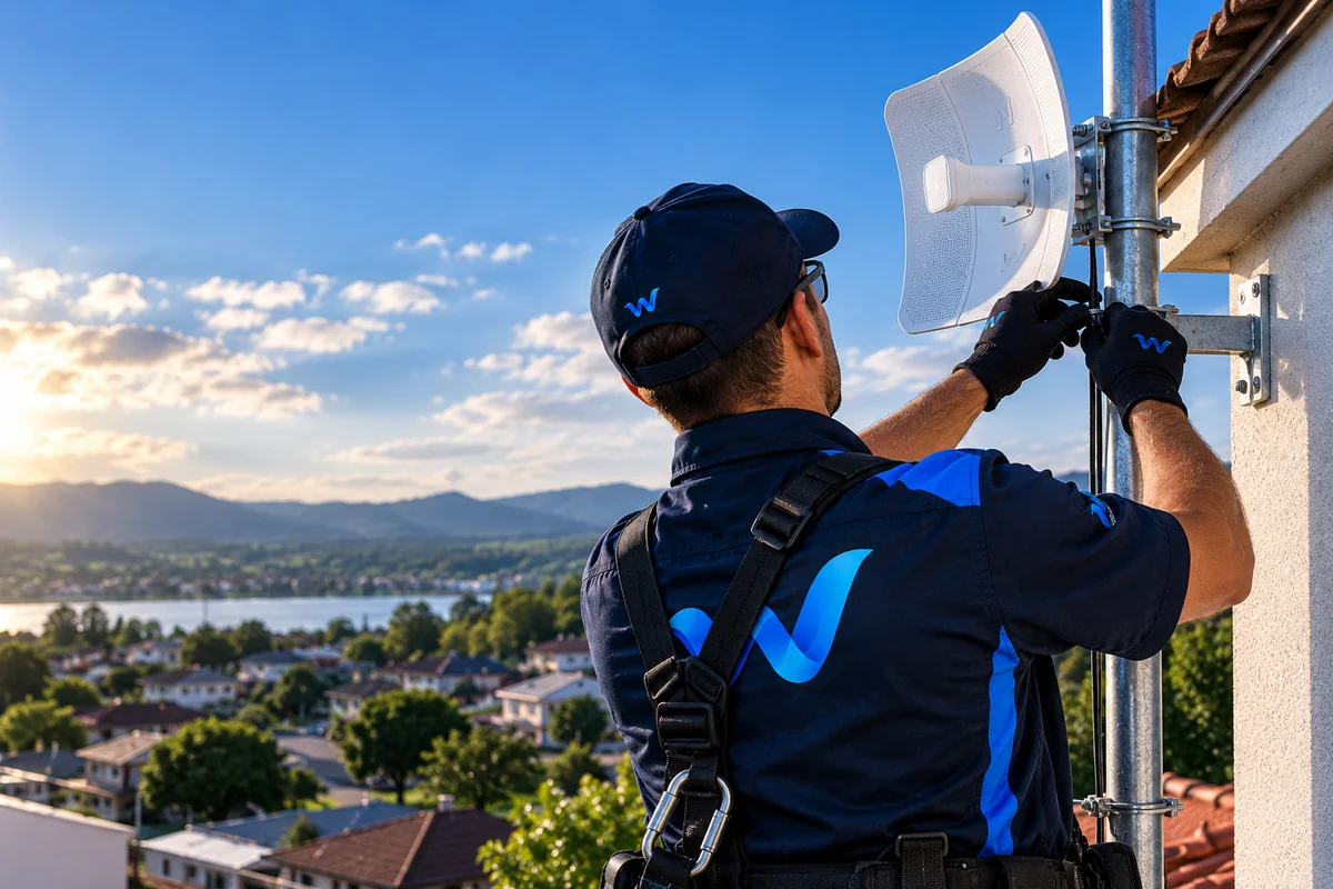 Imagem institucional de instalação de uma antena para conexão via rádio